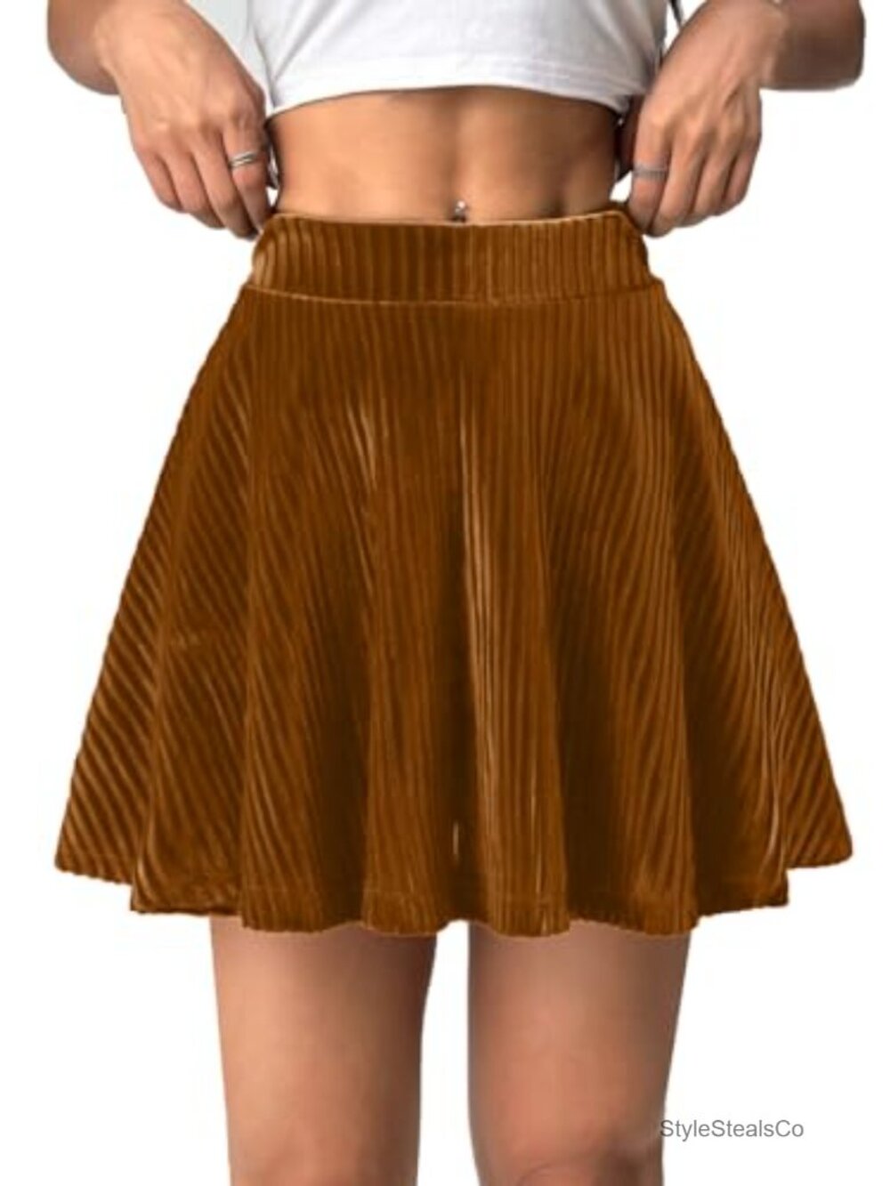 Velvet Mini Skirt with Built-in Shorts High Waisted Pleated A-Line